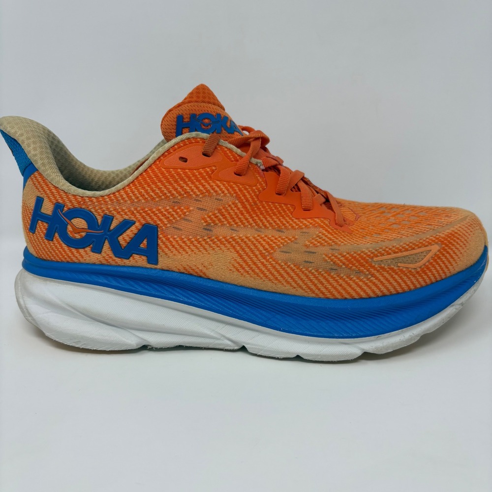 Hoka Clifton 9 Mens Size 9.5 Orange Blue Athletic Running Shoes (1127895 VOIM)